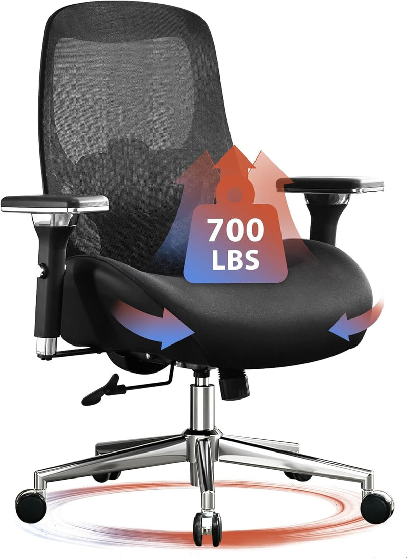 JONPONY 700lbs Big and Tall Office Chair with Wide Thick Seat Cushion,Ergonomic Computer Mesh Desk Chairs with 4D Armrests, Adjustable Lumbar Support for Adults 8 Hours daliy Work,Black