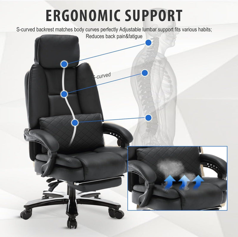 JONPONY Big and Tall 500lbs Reclining Office Desk Chair, Oversized Heavy Duty Executive Chairs with Lumbar Support, PU Leather Recliner Chairs with Footrest, High Back Ergonomic Office Chair,Black