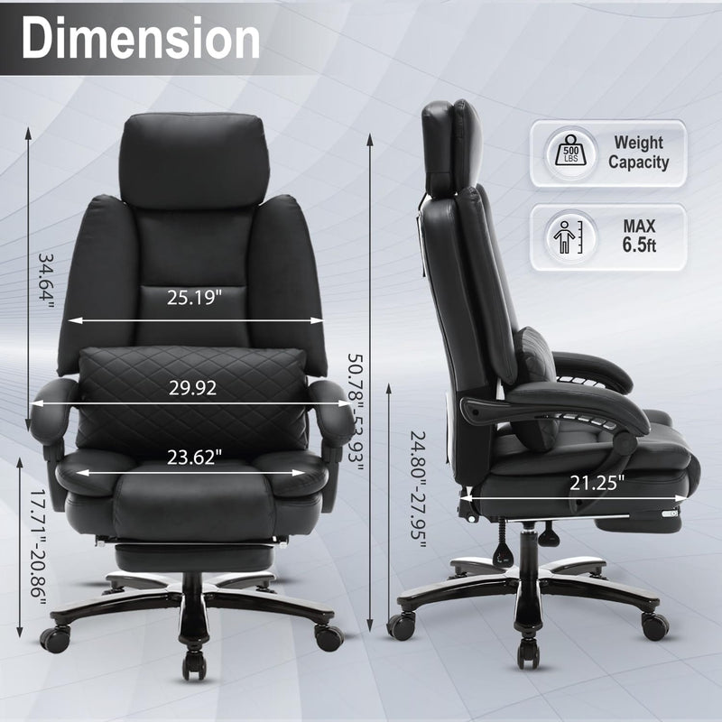 JONPONY Big and Tall 500lbs Reclining Office Desk Chair, Oversized Heavy Duty Executive Chairs with Lumbar Support, PU Leather Recliner Chairs with Footrest, High Back Ergonomic Office Chair,Black
