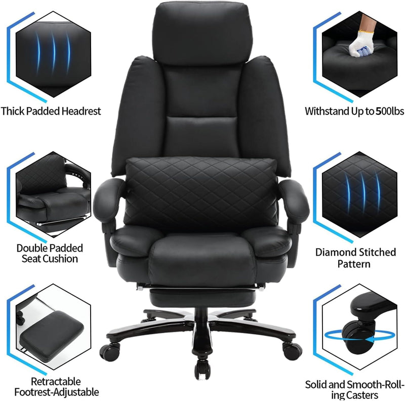JONPONY Big and Tall 500lbs Reclining Office Desk Chair, Oversized Heavy Duty Executive Chairs with Lumbar Support, PU Leather Recliner Chairs with Footrest, High Back Ergonomic Office Chair,Black
