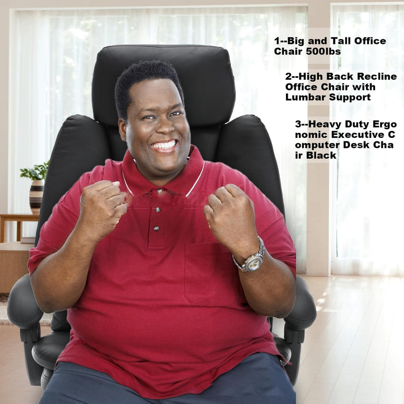 JONPONY Big and Tall 500lbs Reclining Office Desk Chair, Oversized Heavy Duty Executive Chairs with Lumbar Support, PU Leather Recliner Chairs with Footrest, High Back Ergonomic Office Chair,Black