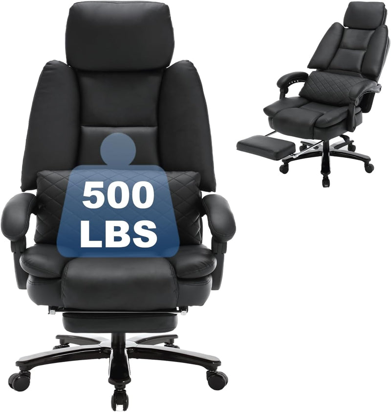 JONPONY Big and Tall 500lbs Reclining Office Desk Chair, Oversized Heavy Duty Executive Chairs with Lumbar Support, PU Leather Recliner Chairs with Footrest, High Back Ergonomic Office Chair,Black