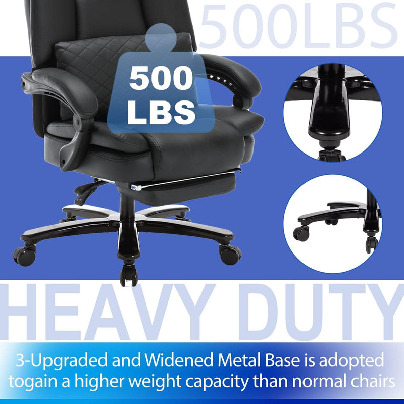 JONPONY Big and Tall 500lbs Reclining Office Desk Chair, Oversized Heavy Duty Executive Chairs with Lumbar Support, PU Leather Recliner Chairs with Footrest, High Back Ergonomic Office Chair,Black