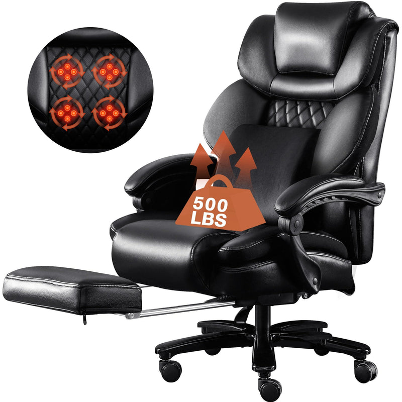 JONPONY Big and Tall Chair 500lbs with 3D Rolling Massage Lumbar Cushion Executive Chairs High Back Reclining Chair with Footrest Wide Seat Breathable Back Support Home Desk Chairs,Black