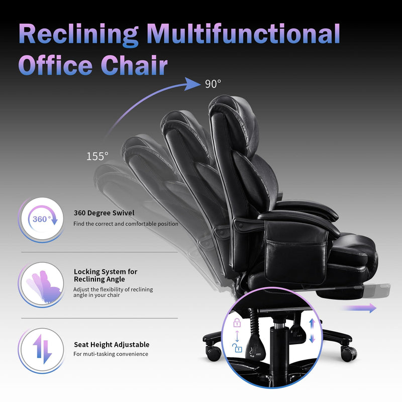 JONPONY Big and Tall Chair 500lbs with 3D Rolling Massage Lumbar Cushion Executive Chairs High Back Reclining Chair with Footrest Wide Seat Breathable Back Support Home Desk Chairs,Black