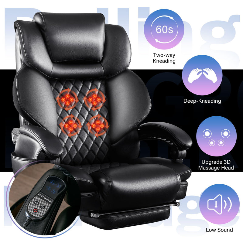 JONPONY Big and Tall Chair 500lbs with 3D Rolling Massage Lumbar Cushion Executive Chairs High Back Reclining Chair with Footrest Wide Seat Breathable Back Support Home Desk Chairs,Black