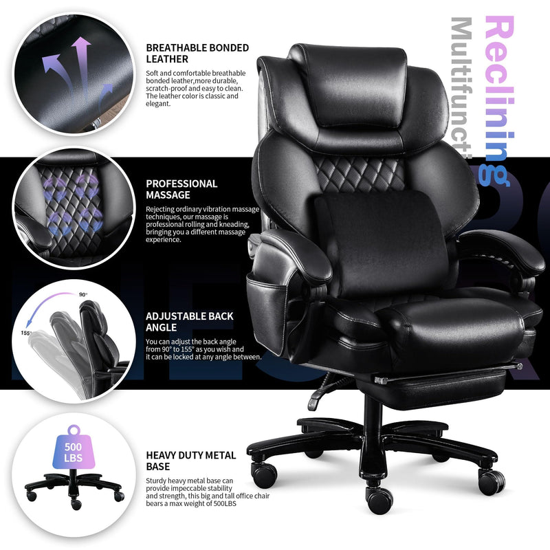JONPONY Big and Tall Chair 500lbs with 3D Rolling Massage Lumbar Cushion Executive Chairs High Back Reclining Chair with Footrest Wide Seat Breathable Back Support Home Desk Chairs,Black