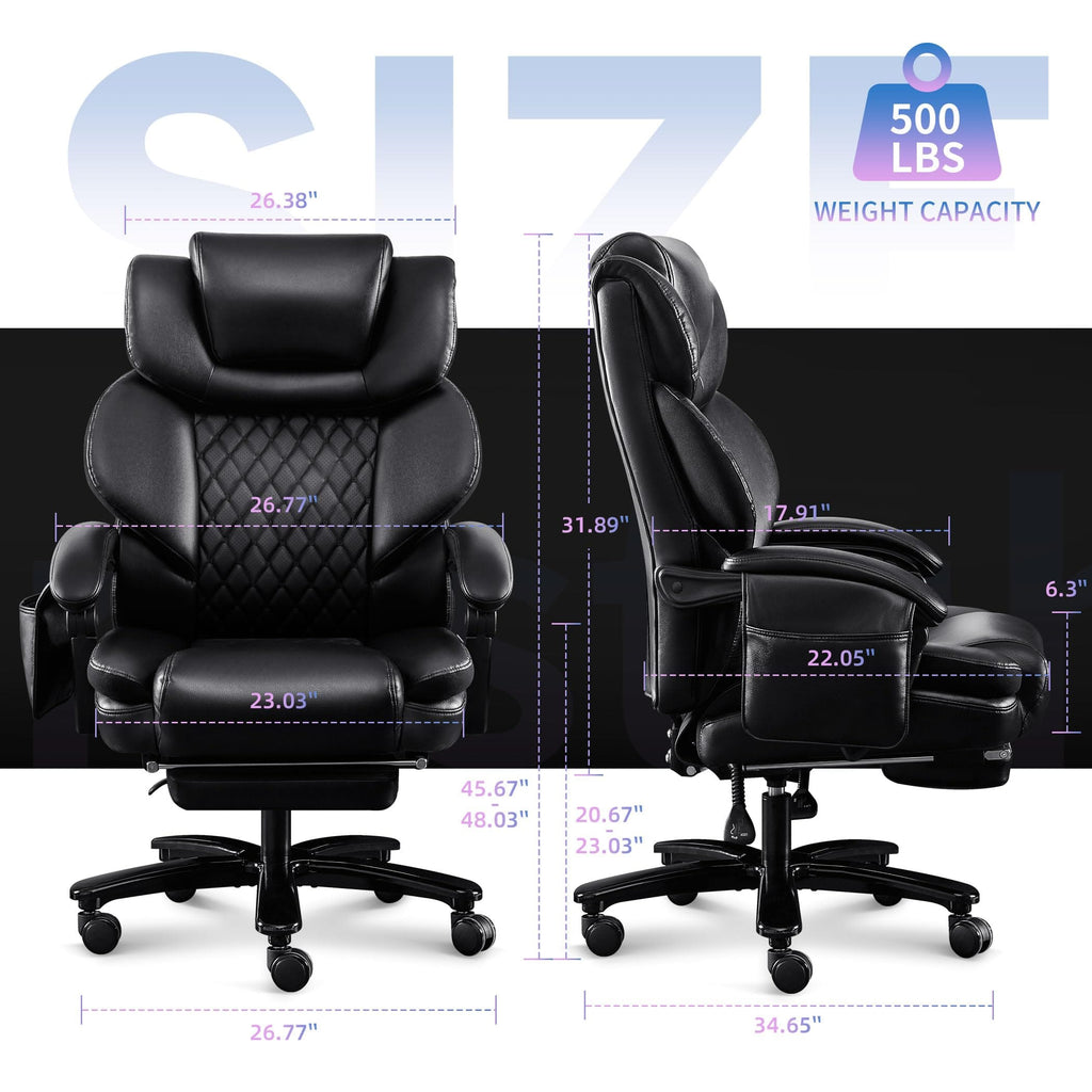 JONPONY Big and Tall Chair 500lbs with 3D Rolling Massage Lumbar Cushion Executive Chairs High Back Reclining Chair with Footrest Wide Seat Breathable Back Support Home Desk Chairs,Black