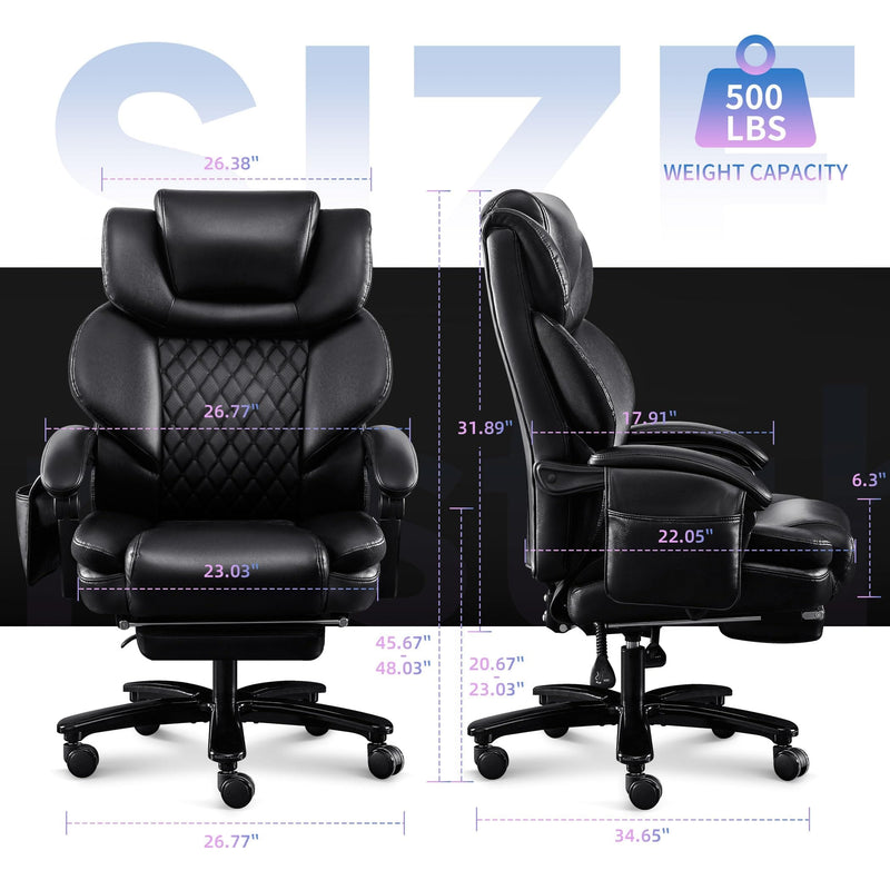 JONPONY Big and Tall Chair 500lbs with 3D Rolling Massage Lumbar Cushion Executive Chairs High Back Reclining Chair with Footrest Wide Seat Breathable Back Support Home Desk Chairs,Black