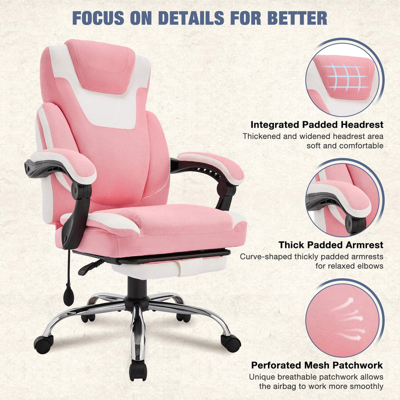JONPONY Big and Tall Fabric Office Chair 400lbs, Executive Reclining Office Chairs with Footrest, High Back Leather Home Office Chair Thick Padded Armrests, Ergonomic Adjustable Lumbar Support