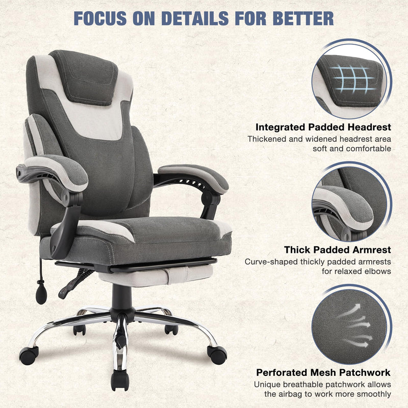 JONPONY Big and Tall Fabric Office Chair 400lbs, Executive Reclining Office Chairs with Footrest, High Back Leather Home Office Chair Thick Padded Armrests, Ergonomic Adjustable Lumbar Support