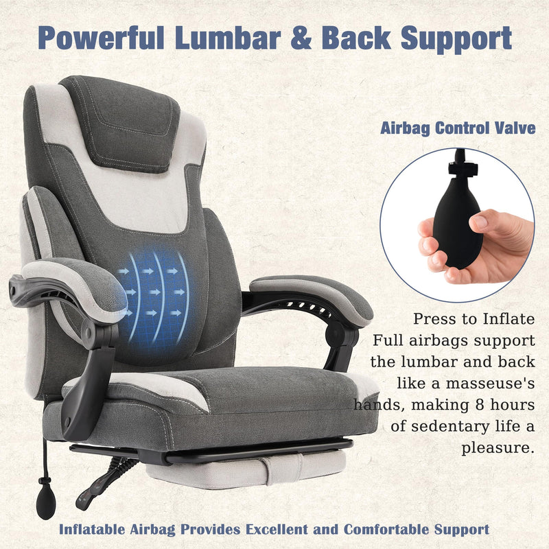 JONPONY Big and Tall Fabric Office Chair 400lbs, Executive Reclining Office Chairs with Footrest, High Back Leather Home Office Chair Thick Padded Armrests, Ergonomic Adjustable Lumbar Support