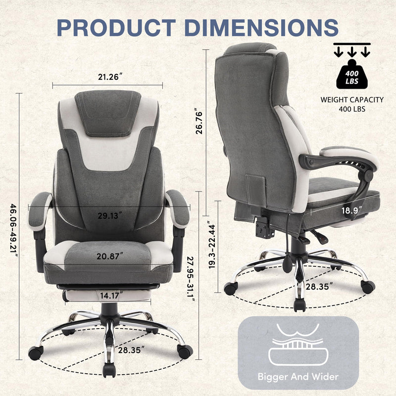 JONPONY Big and Tall Fabric Office Chair 400lbs, Executive Reclining Office Chairs with Footrest, High Back Leather Home Office Chair Thick Padded Armrests, Ergonomic Adjustable Lumbar Support