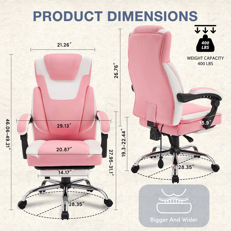 JONPONY Big and Tall Fabric Office Chair 400lbs, Executive Reclining Office Chairs with Footrest, High Back Leather Home Office Chair Thick Padded Armrests, Ergonomic Adjustable Lumbar Support