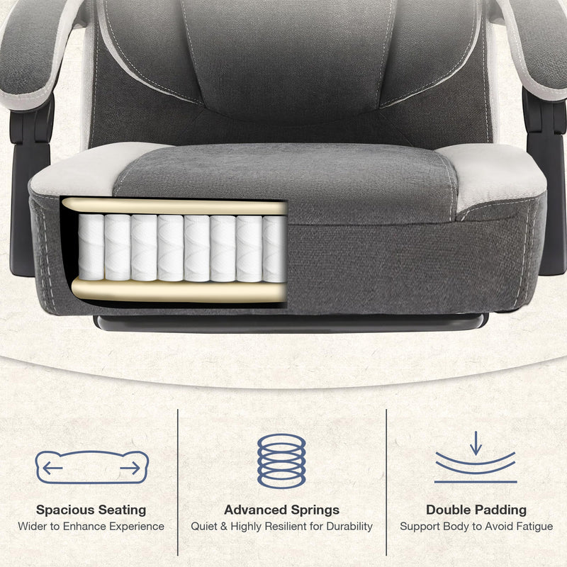 JONPONY Big and Tall Fabric Office Chair 400lbs, Executive Reclining Office Chairs with Footrest, High Back Leather Home Office Chair Thick Padded Armrests, Ergonomic Adjustable Lumbar Support