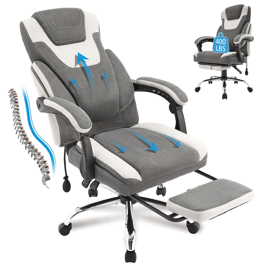 JONPONY Big and Tall Fabric Office Chair 400lbs, Executive Reclining Office Chairs with Footrest, High Back Leather Home Office Chair Thick Padded Armrests, Ergonomic Adjustable Lumbar Support