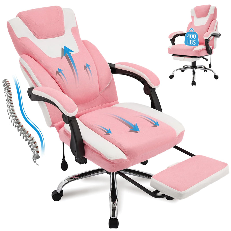 JONPONY Big and Tall Fabric Office Chair 400lbs, Executive Reclining Office Chairs with Footrest, High Back Leather Home Office Chair Thick Padded Armrests, Ergonomic Adjustable Lumbar Support