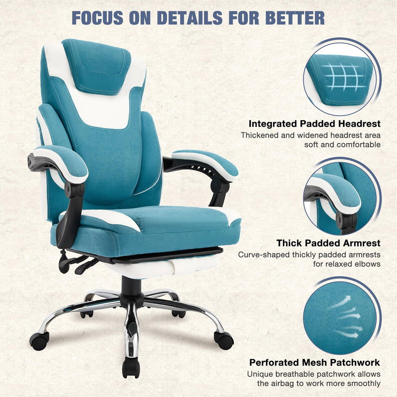 JONPONY Big and Tall Fabric Office Chair 400lbs, Executive Reclining Office Chairs with Footrest, High Back Leather Home Office Chair Thick Padded Armrests, Ergonomic Adjustable Lumbar Support