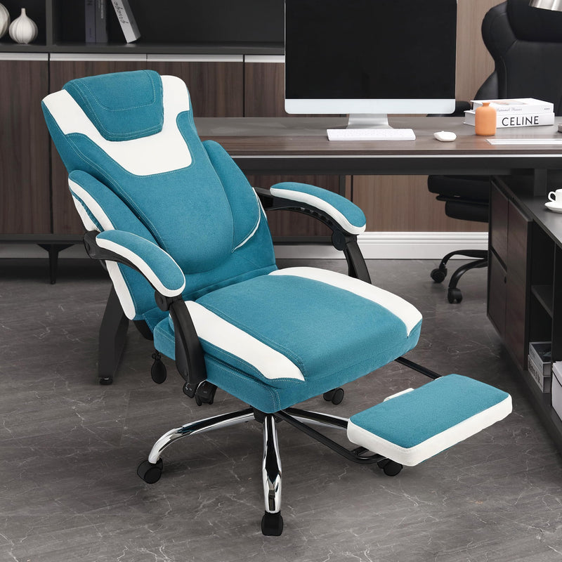 JONPONY Big and Tall Fabric Office Chair 400lbs, Executive Reclining Office Chairs with Footrest, High Back Leather Home Office Chair Thick Padded Armrests, Ergonomic Adjustable Lumbar Support