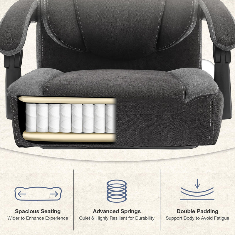 JONPONY Big and Tall Fabric Office Chair 400lbs, Executive Reclining Office Chairs with Footrest, High Back Leather Home Office Chair Thick Padded Armrests, Ergonomic Adjustable Lumbar Support