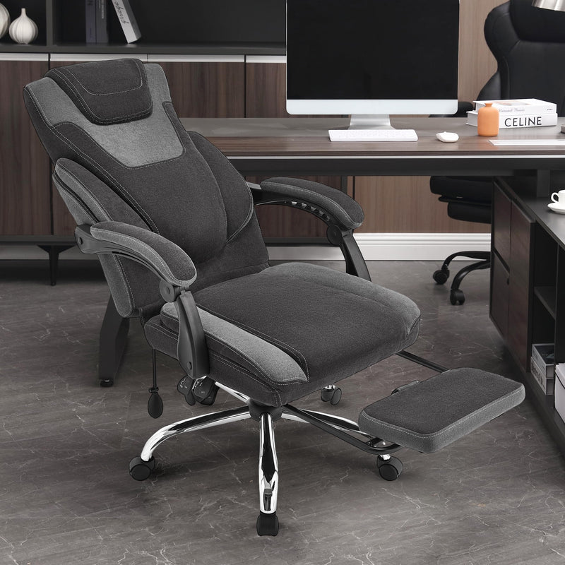 JONPONY Big and Tall Fabric Office Chair 400lbs, Executive Reclining Office Chairs with Footrest, High Back Leather Home Office Chair Thick Padded Armrests, Ergonomic Adjustable Lumbar Support
