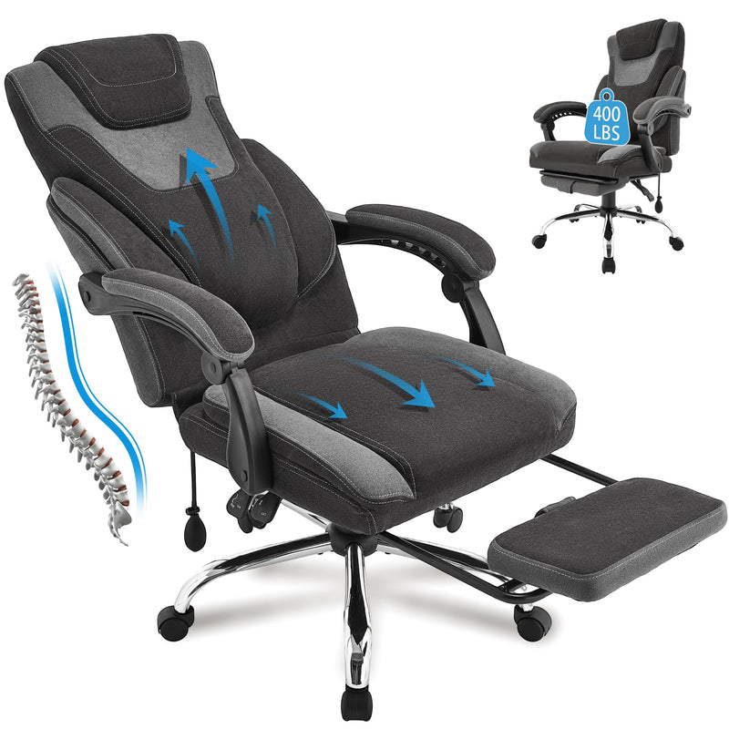 JONPONY Big and Tall Fabric Office Chair 400lbs, Executive Reclining Office Chairs with Footrest, High Back Leather Home Office Chair Thick Padded Armrests, Ergonomic Adjustable Lumbar Support