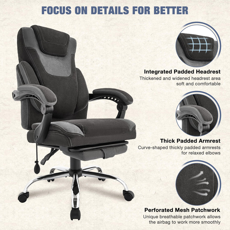 JONPONY Big and Tall Fabric Office Chair 400lbs, Executive Reclining Office Chairs with Footrest, High Back Leather Home Office Chair Thick Padded Armrests, Ergonomic Adjustable Lumbar Support