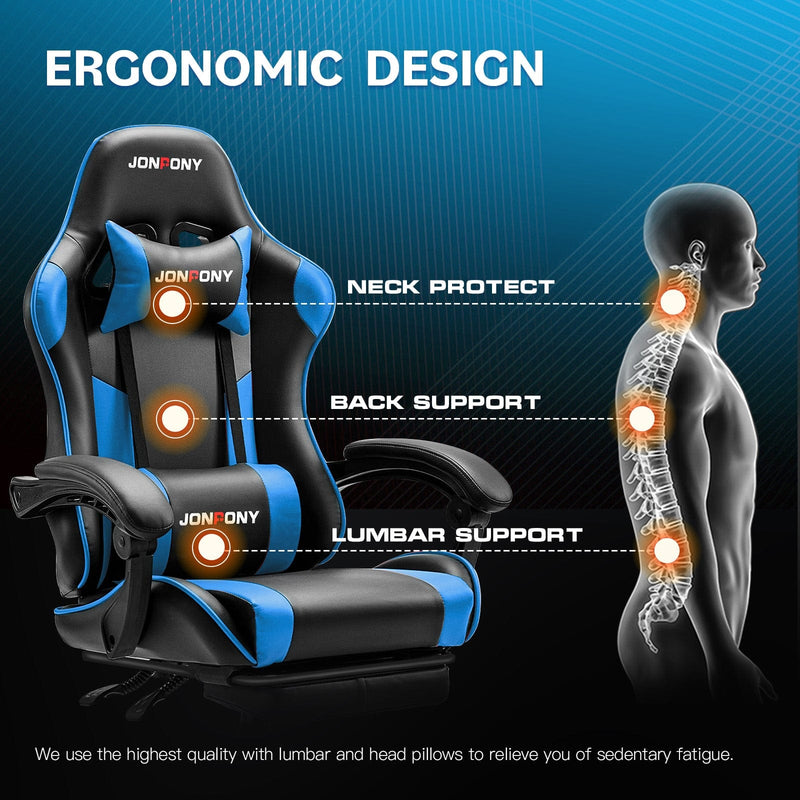 JONPONY Big and Tall Gaming Chair, Ergonomic Design, Gamer Chair PU Leather with Footrest and Lumbar Support, High Back Office Chair Support 8 Hours Long Sitting, Computer Chair,Black Blue