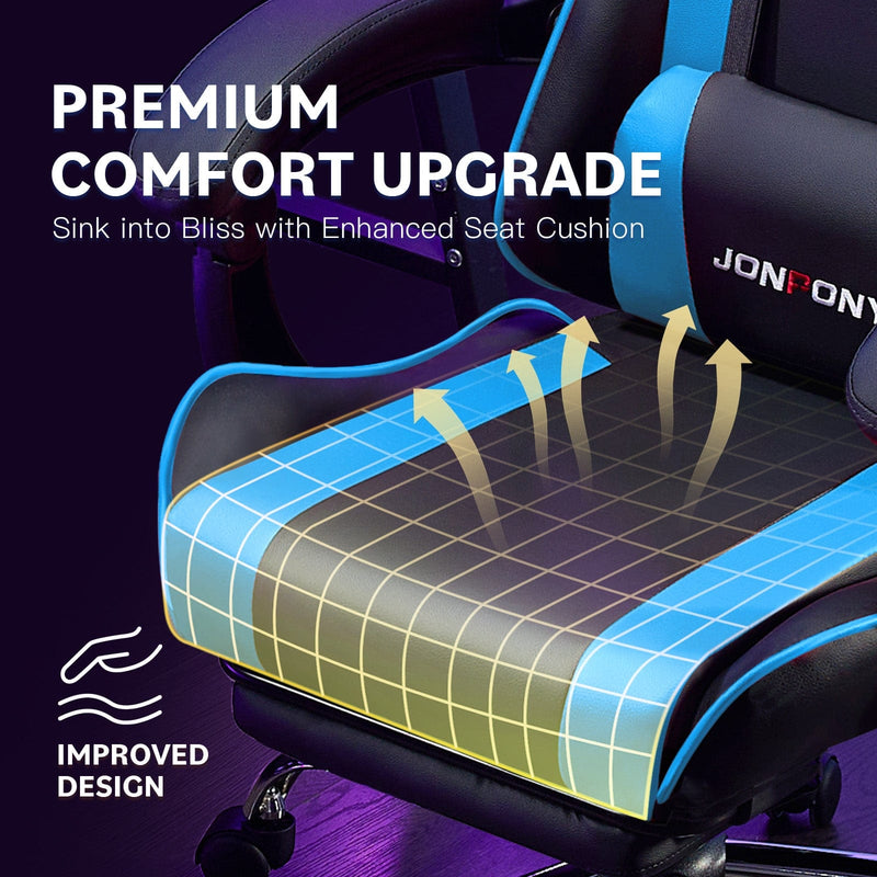 JONPONY Big and Tall Gaming Chair, Ergonomic Design, Gamer Chair PU Leather with Footrest and Lumbar Support, High Back Office Chair Support 8 Hours Long Sitting, Computer Chair,Black Blue