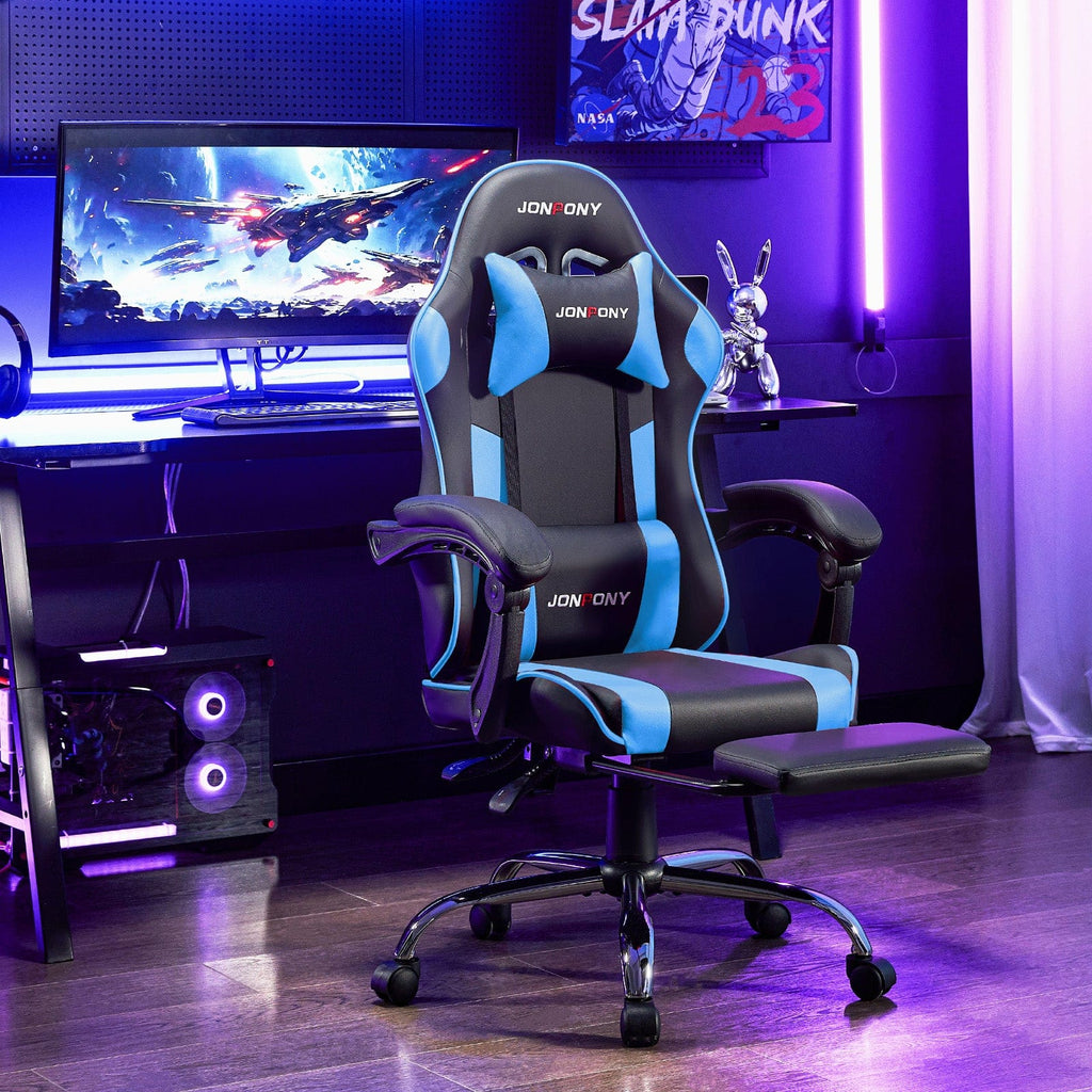 JONPONY Big and Tall Gaming Chair, Ergonomic Design, Gamer Chair PU Leather with Footrest and Lumbar Support, High Back Office Chair Support 8 Hours Long Sitting, Computer Chair,Black Blue