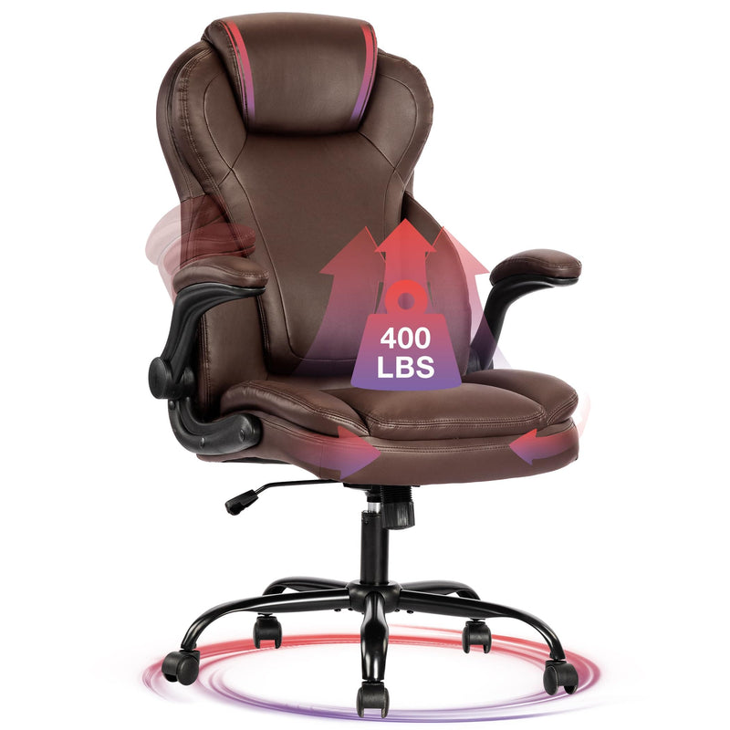 JONPONY Big and Tall Office Chair 400lbs Capacity, Ergonomic Leather High Back Executive Desk Chair with Tilt, Rock & Tension Adjustment, Extra Wide Seat, Padded Armrests