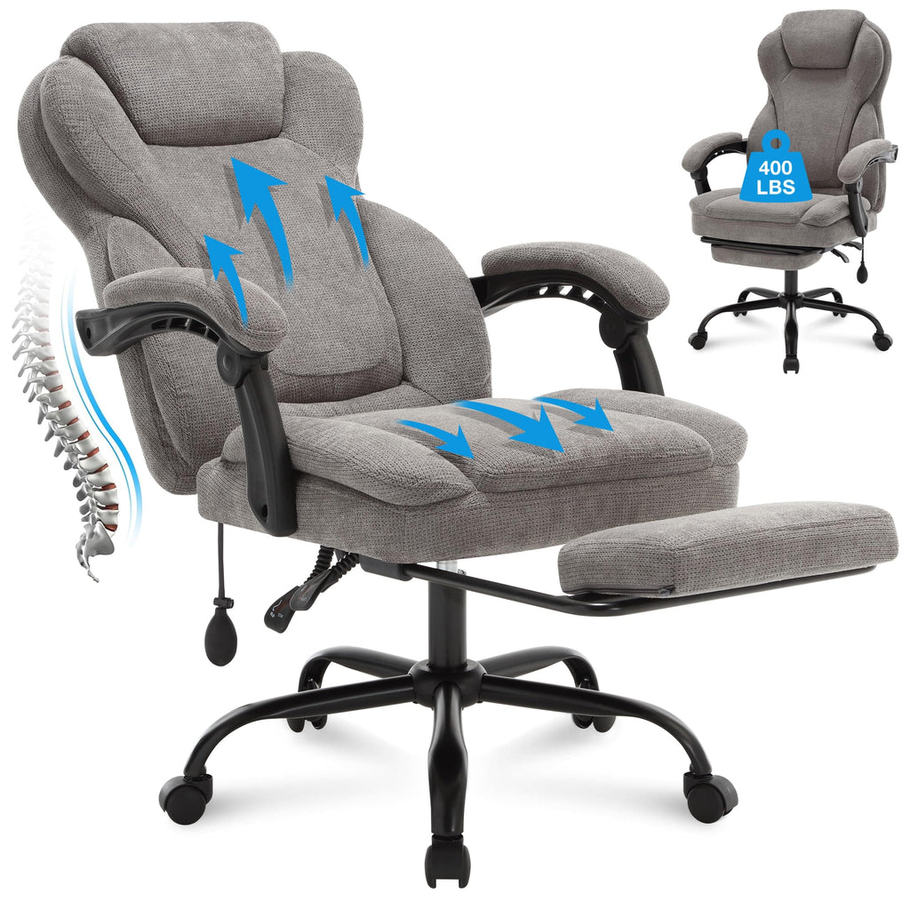 JONPONY Big and Tall Office Chair 400lbs Capacity, Executive Reclining Chair with Footrest, High Back Leather Design, Thick Padded Armrests, Ergonomic Adjustable Lumbar Support