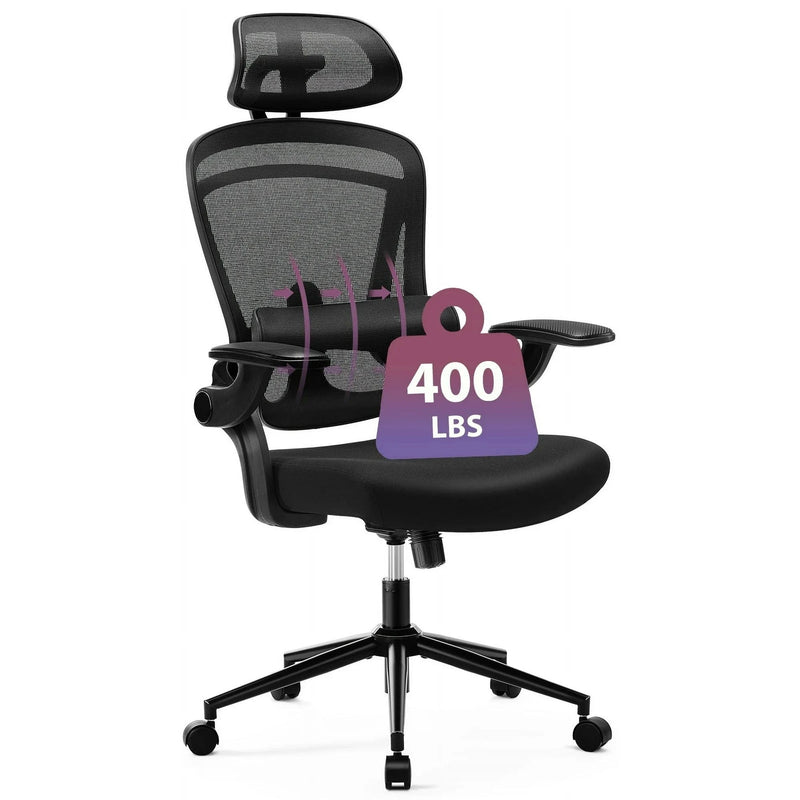 JONPONY Big and Tall Office Chair 400LBS High Back Desk Chair with Adjustable Lumbar Support & Headrest,Comfortable Mesh Computer Chair with Soft Flip Up Arms, Adjustable Height and 120°Tilt,Black