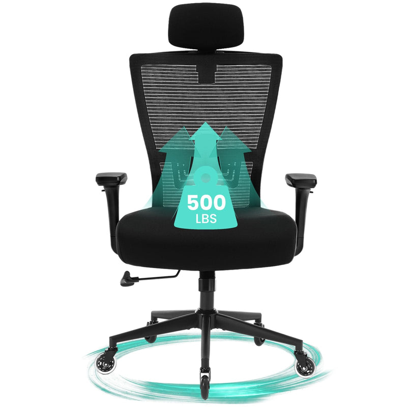 JONPONY Big and Tall Office Chair 500LBS Ergonomic Office Chair with Lumbar Support, Adjustable Armrest and Headrest Mesh Chair,8 Hours Heavy Duty Design,Black