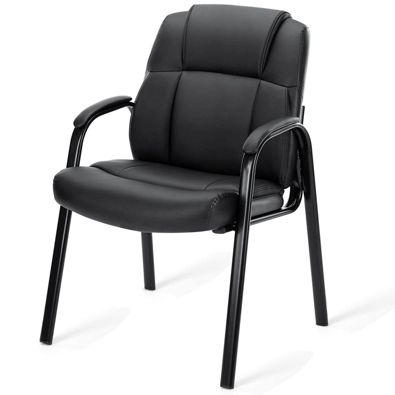 JONPONY Black Leather Guest Chair with Padded Arms, Lumbar Support, No Wheels, Reception Meeting Conference and Waiting Room, Side Office PU Leather, Executive Desk Chair