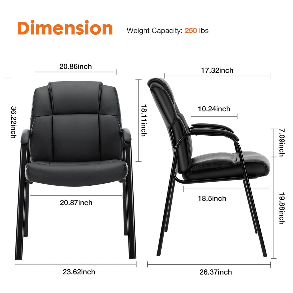 JONPONY Black Leather Guest Chair with Padded Arms, Lumbar Support, No Wheels, Reception Meeting Conference and Waiting Room, Side Office PU Leather, Executive Desk Chair