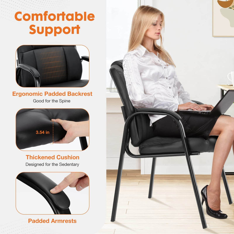 JONPONY Black Leather Guest Chair with Padded Arms, Lumbar Support, No Wheels, Reception Meeting Conference and Waiting Room, Side Office PU Leather, Executive Desk Chair