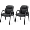 JONPONY Black Leather Guest Chair with Padded Arms, Lumbar Support, No Wheels, Reception Meeting Conference and Waiting Room, Side Office PU Leather, Executive Desk Chair