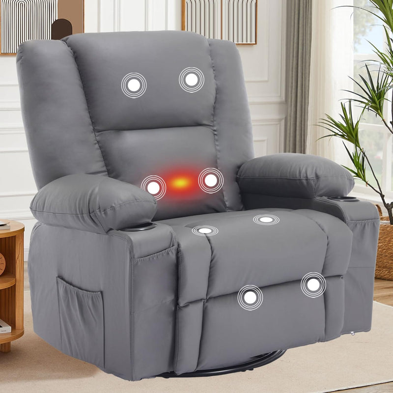JONPONY Brown Recliners,Massage Chair Recliner Manual Reclining Chair with Heat, Overstuffed Rocker Swivel Leather Recliner Chair for Living Room with Side Pocket