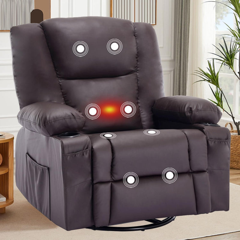 JONPONY Brown Recliners,Massage Chair Recliner Manual Reclining Chair with Heat, Overstuffed Rocker Swivel Leather Recliner Chair for Living Room with Side Pocket