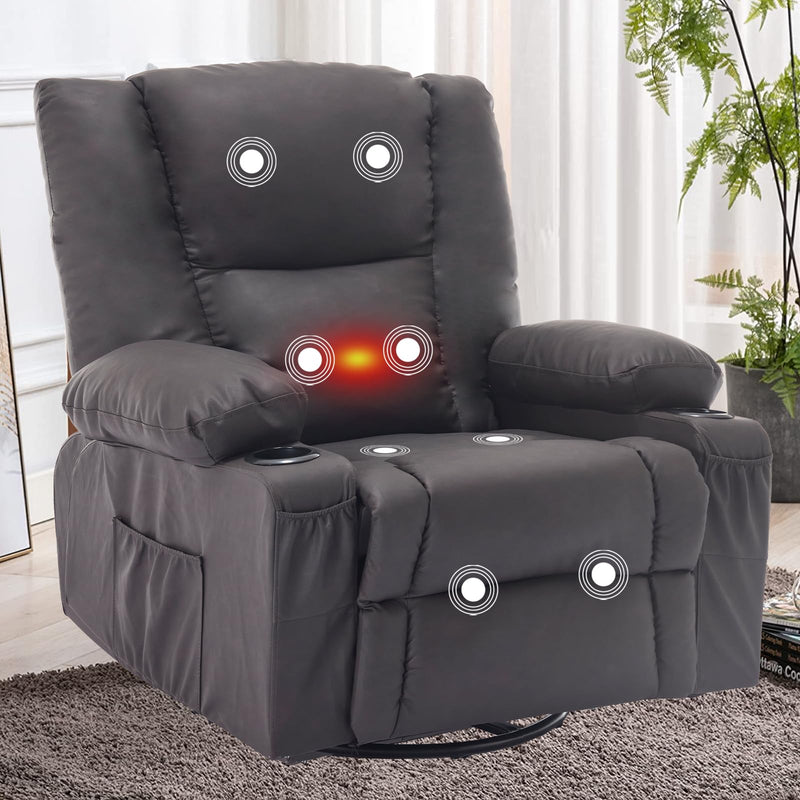 JONPONY Brown Recliners,Massage Chair Recliner Manual Reclining Chair with Heat, Overstuffed Rocker Swivel Leather Recliner Chair for Living Room with Side Pocket