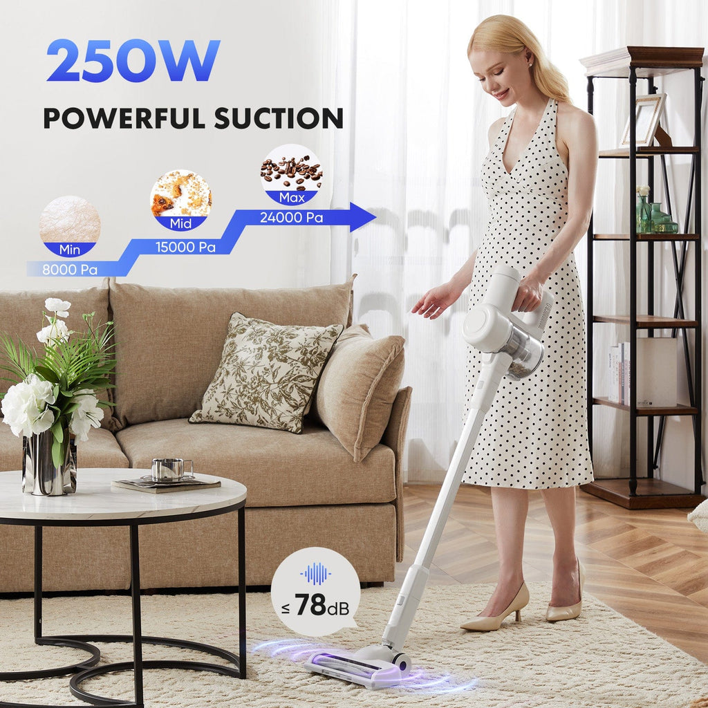 JONPONY Cordless Vacuum Cleaner, Electric Rechargeable Handheld with LED, Powerful Suction 24Kpa, Up to 45 Minutes Runtime, Lightweight, Ideal for Carpet, Hard Floors & Pet Hair, White