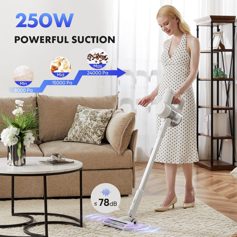 JONPONY Cordless Vacuum Cleaner, Electric Rechargeable Handheld with LED, Powerful Suction 24Kpa, Up to 45 Minutes Runtime, Lightweight, Ideal for Carpet, Hard Floors & Pet Hair, White