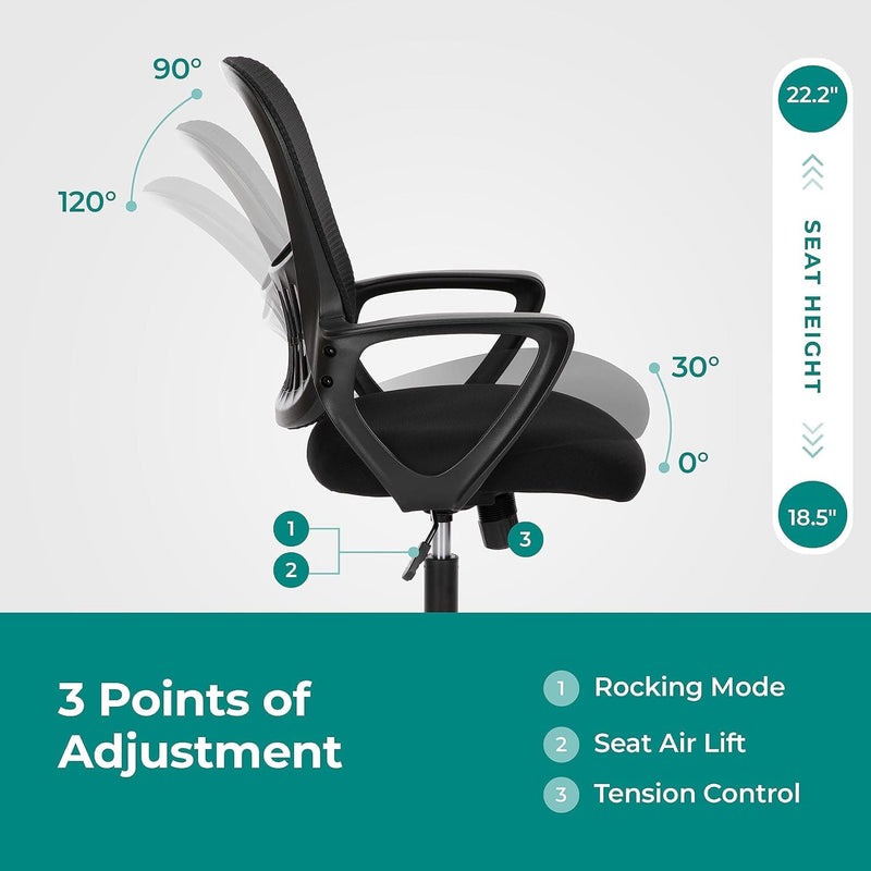 JONPONY Desk Chair,Office Chair with Ergonomic Lumbar Support, Mid-Back Mesh Swivel Rolling Work with Wheels for Home, Office, Bedroom