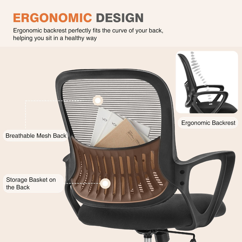 JONPONY Desk Chair,Office Chair with Ergonomic Lumbar Support, Mid-Back Mesh Swivel Rolling Work with Wheels for Home, Office, Bedroom
