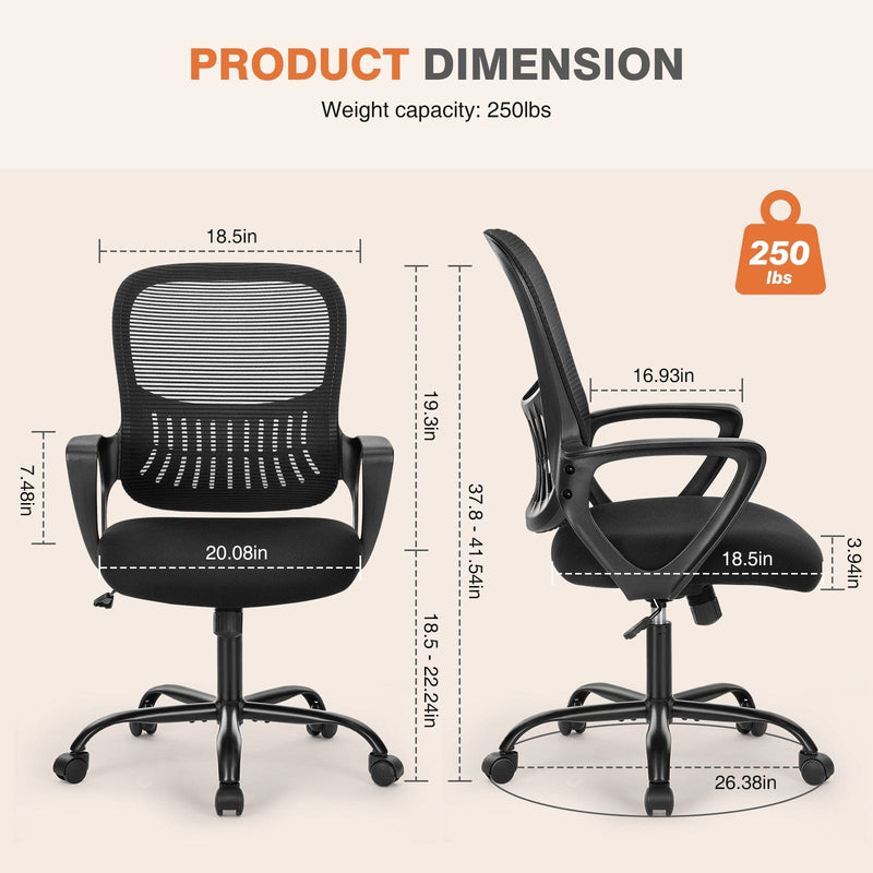JONPONY Desk Chair,Office Chair with Ergonomic Lumbar Support, Mid-Back Mesh Swivel Rolling Work with Wheels for Home, Office, Bedroom