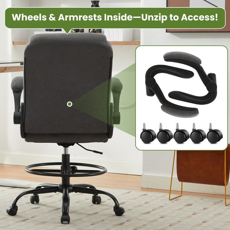 JONPONY Drafting Chair Tall Office Chair for Standing Desk, Ergonomic High Office Chair with Adjustable Foot Ring, Flip-Up Armrests, Lumbar Support for Home office or Drawing Use ,Dark Gray