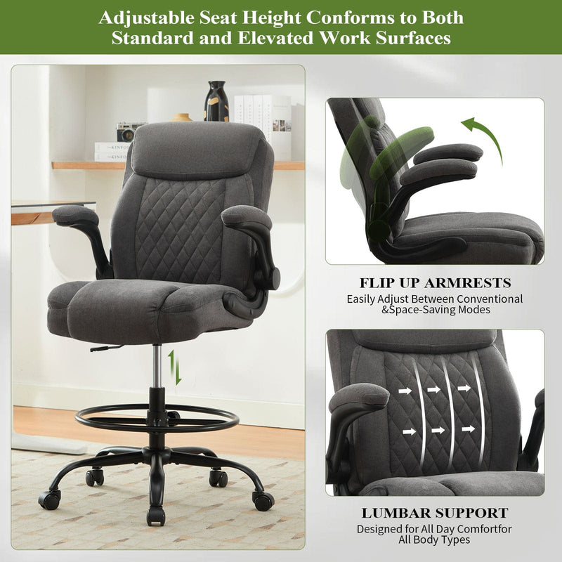 JONPONY Drafting Chair Tall Office Chair for Standing Desk, Ergonomic High Office Chair with Adjustable Foot Ring, Flip-Up Armrests, Lumbar Support for Home office or Drawing Use ,Dark Gray