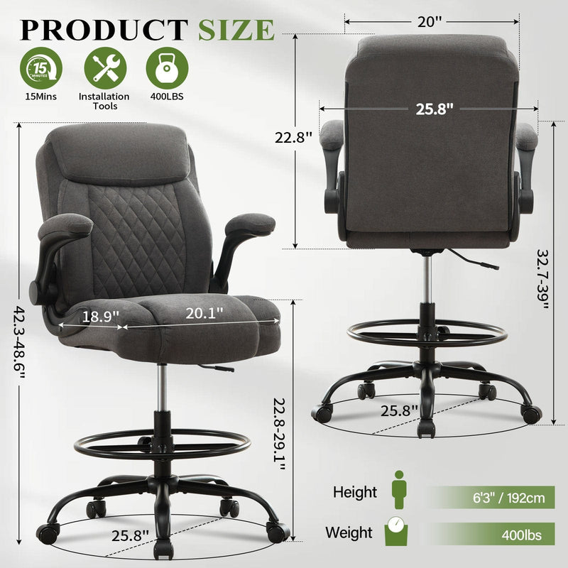 JONPONY Drafting Chair Tall Office Chair for Standing Desk, Ergonomic High Office Chair with Adjustable Foot Ring, Flip-Up Armrests, Lumbar Support for Home office or Drawing Use ,Dark Gray