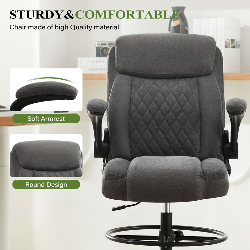 JONPONY Drafting Chair Tall Office Chair for Standing Desk, Ergonomic High Office Chair with Adjustable Foot Ring, Flip-Up Armrests, Lumbar Support for Home office or Drawing Use ,Dark Gray